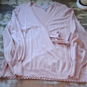 Isaac Mizrahi Soft Pink Wrap Cardigan with Scallop Hem